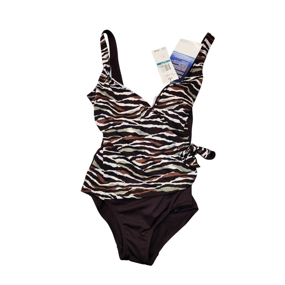 Gabar Brown Zebra Print Surplice Maillot One Piece Swimsuit G38127 Mens Size 16